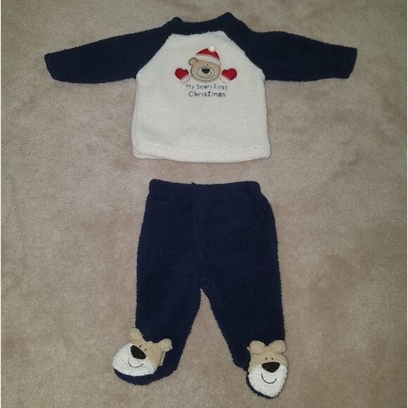 My Beary First Christmas Baby 2-Pc Footie Outfit Size 0-3 Months Blue Bear Feet - Picture 1 of 8